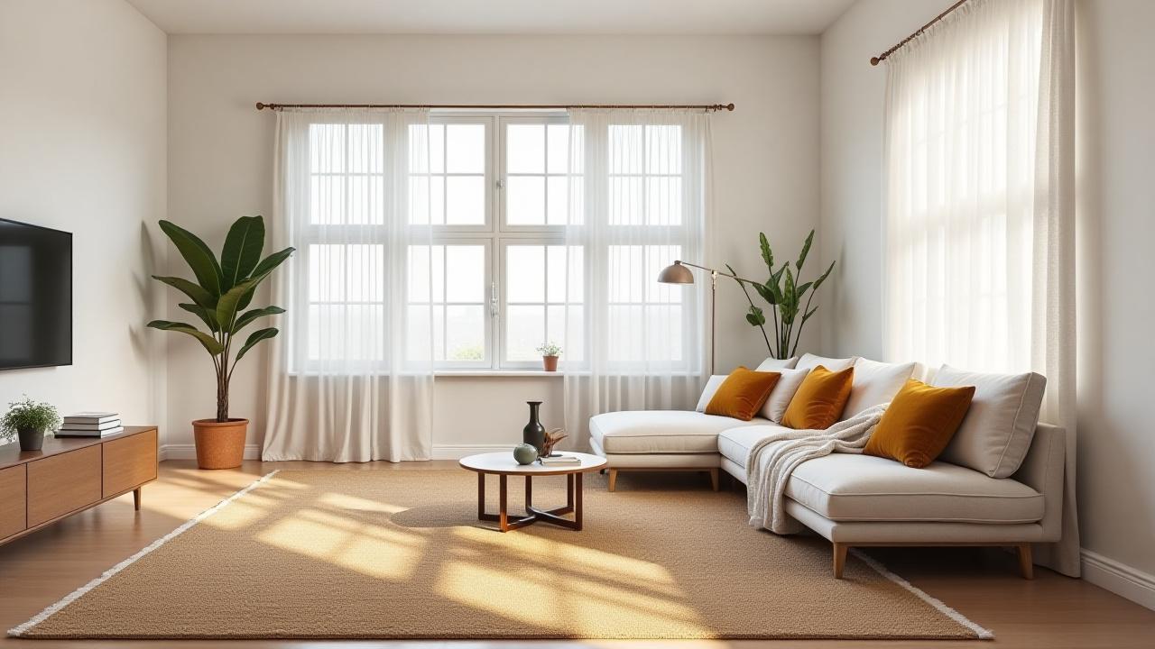 A bright, stylish London apartment living room featuring temporary textile decor and large rugs